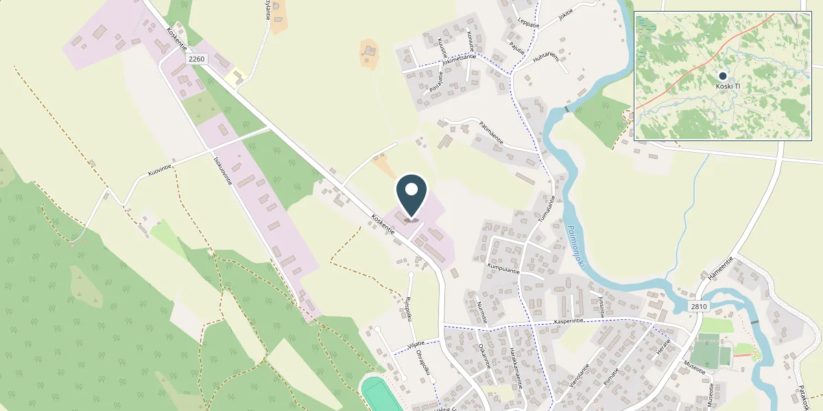 Map: Laitehuolto Tiensuu, Verstaantie 2, 31500 Koski Tl, Finland. Marker beside Koskentie, north-west of the centre of Koski Tl.